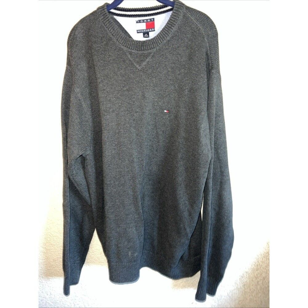 Vintage Tommy Hilfiger Sweater Mens Large Crewneck Flag Logo Hong Kong Y2k Gray